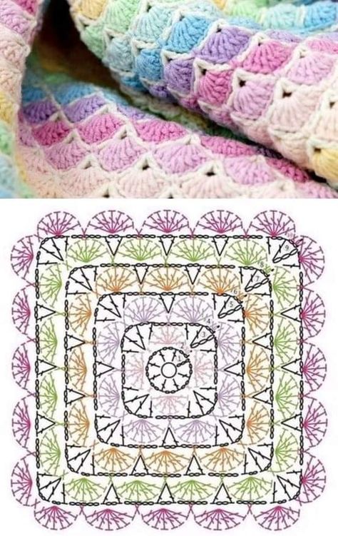 Cool Granny Squares Pattern, Granny Square Crochet Pattern Diagram, Granny Square Diagram, Crochet Blanket Diagram, Uncinetto Zig Zag, Motifs Granny Square, Crochet Stitches Chart, Granny Square Crochet Patterns Free, Crocheted Blanket