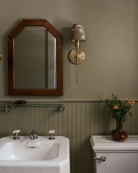 How to Choose Paint Colors for a Small Bathroom With No Windows - Kaitlin Madden Home Blogger Tan Wainscoting Bathroom, Paint Sink Diy Bathroom, Colored Wainscoting Bathroom, Bathroom With Wainscotting Paint Colors, Small Bathroom With Paneling, Powder Room No Window Paint Colors, Two Tone Green Bathroom, Tan Walls Bathroom, Cozy Bathroom Paint Colors