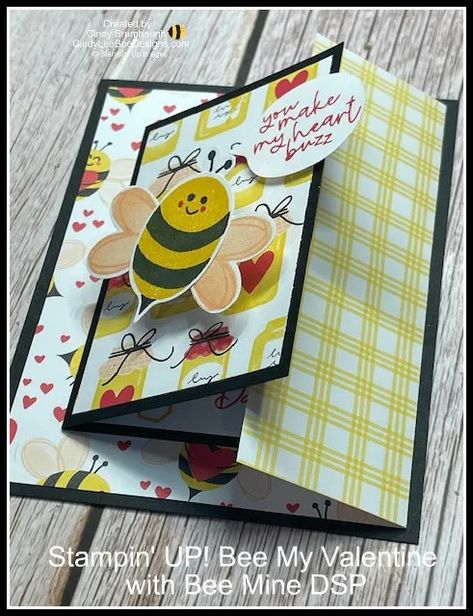 Stampin’ UP! Bee My Valentine Punch Bundle Fun Fold | Cindy Lee Bee Designs Stampin Up Bee Cards Handmade, Cards With Bees On Them, Stampin Up 2023-2024 Mini Catalog, Su Valentine Cards, Stampin Up Happy Birthday Cards, Stampin Up Bee Mine Cards, Stampin Up Bee Mine Suite, New Stampin Up Cards 2023-2024, Bee Mine Stampin Up Cards