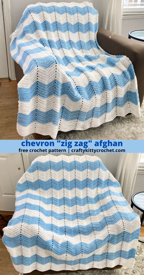 Much like the granny square, the Chevron (also known as zig-zag) afghan is a hallmark of crochet that is very recognizable.  They have a unique look, fun design, and they’re easy to make!  The blanket is easily adjustable, too. Crochet one today with this FREE Pattern! #chevronafghan #crochetblanketpattern #zigzagblanket #zigzagafghan #crochetchevronafghan #crochetafghanpattern #chevronafghanpattern #easyblanketpattern #easychevronblanketpattern #chevronafghanpattern #freecrochetpattern #crochet Crochet Zig Zag, Crochet Ripple Afghan Pattern, Easy Blanket Pattern, Chevron Crochet Blanket Pattern, Ripple Afghan Pattern, Chevron Crochet Patterns, Crochet Ripple Afghan, Chevron Afghan, Crochet Ripple Pattern