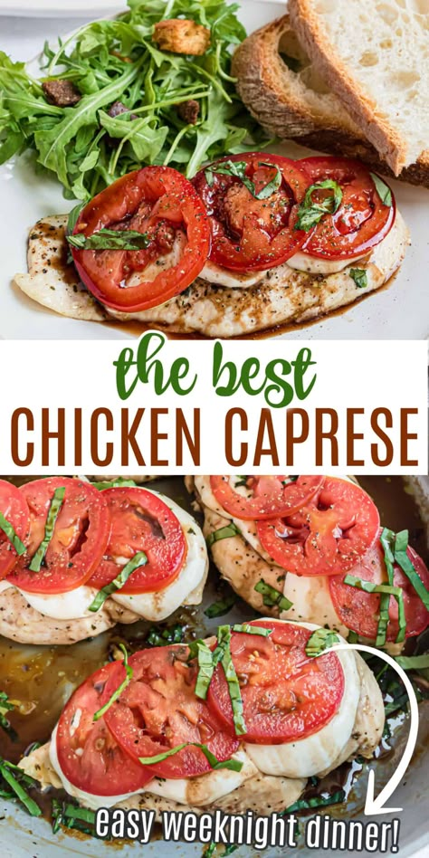 Caprese Chicken Skillet - Delicious pan seared chicken topped with mozzarella, tomatoes, basil and balsamic. This dinner has a gourmet flair and is ready in just 15 minutes! Balsamic Caprese Chicken, Caprese Chicken Skillet, Chicken Skillet Dinner, Chicken Caprese Recipe, Baked Caprese Chicken, Chicken Caprese, Seared Chicken, Chicken Skillet, Pan Seared Chicken