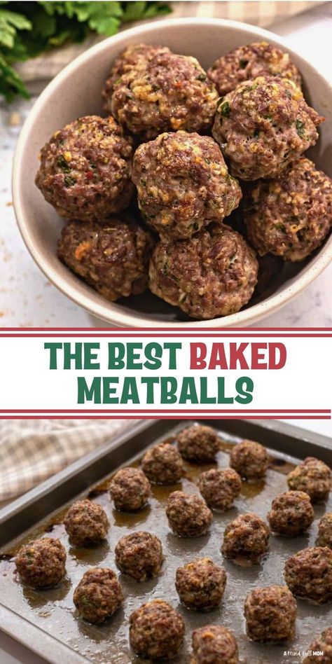 Collage of photos of Italian seasoned baked meatballs with title text overlay that reads the best baked meatballs. How To Make Meatballs Easy, Easy Homemade Meatballs Ground Beef, Easy Meatballs Baked, Meatball Recipes Oven Baked, Meatball Recipes Homemade, Homestyle Meatballs Recipe, Beef Meatballs For Spaghetti, Cooking Meatballs In Oven, Oven Baked Meatballs Ground Beef