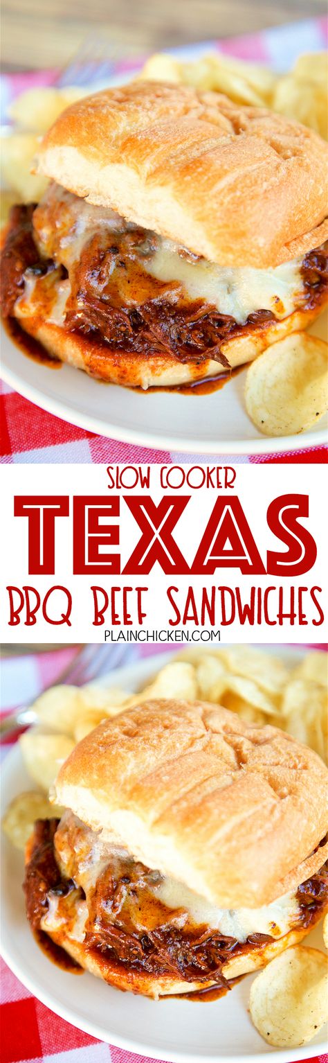 Slow Cooker Texas BBQ Beef Sandwiches - only 3 ingredients! Seriously delicious!! Serve beef on top of hamburger buns with a slice of cheese. Great for potlucks! We love this easy slow cooker beef recipe! Can freeze leftovers for a quick meal later! Slow Cooker Beef Recipe, Bbq Beef Sandwiches, Slice Of Cheese, Beef Sandwiches, Slow Cooker Recipes Beef, Texas Bbq, Bbq Beef, Beef Sandwich, Hamburger Buns