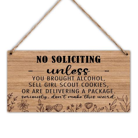 PRICES MAY VARY. BEST GIFT - Our wall hanging tag will look great in your home or friends' homes. SIZE - Each hanging wall art sign decor measures approximately 10 x 5 x 0.12 inches. Our wooden signs are beautifully printed, it will give you encouragement and joy or remind! MATERIAL - This decorative wood hanging sign is made of quality wood material, comes with no odor and is not easy to tear or break, sturdy for long term use. EASY TO INSTALL: Pre-drilled holes with attached rope makes hanging No Solicitation Signs Funny, Diy No Soliciting Sign Front Doors, No Soliciting Sign Funny Front Porches, Funny House Signs, No Soliciting Sign Funny, Funny Signs For Home, Wood Hanging Decor, Outdoor Hallway, Funny No Soliciting Sign