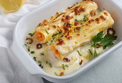 Lobster, Shrimp, and Scallop Cannelloni Thermidor | Louisa Foodservice Shrimp Cannelloni Recipes, Lobster Cannelloni, Seafood Cannelloni Recipe, Drying Celery, Crab Cannelloni, Seafood Manicotti Recipe, Seafood Cannelloni, Pasta Manicotti, Langostino Recipes