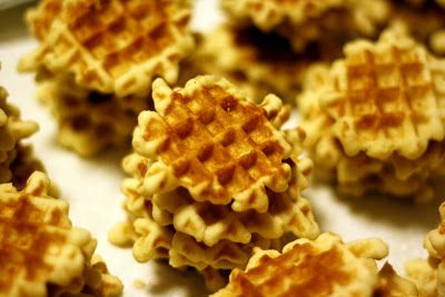 Galettes (Belgian Waffle Cookies) --another recipe is:  2 eggs 3/4 cup sugar 1/2 cup soft butter, 1 1/2 cups flour 1/4 cup cornstarch 1tsp. vanilla extract 1tsp almond extract Beat eggs add sugar beat again.Stir in butter and flavorings Sift flour and cornstarch together and add to mixture. Chill dough in refrigerator. Remove and form into balls. Place 1 ball. size of a walnut, on each grid section of iron. Remove cookies after 2 or 3 minutes. Try both, see which one beings back best memories. Galette Cookie Recipe, Cookie Waffles, Pizzelle Cookies, Gf Baking, Waffle Cookies, Homemade Dinner Rolls, Wafer Cookies, Italian Cookies, Favorite Cookies