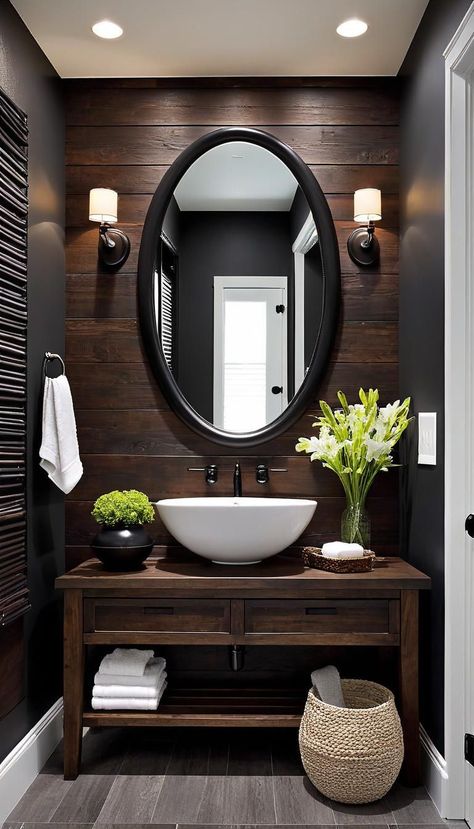 Black Half Bathroom, Dark Bathroom Ideas, Dark Bathroom, Farmhouse Bathroom Remodel, Dark Bathrooms, Modern Farmhouse Bathroom, Toilet Room, Bathroom Design Decor, Chic Bathrooms