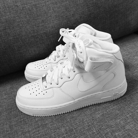 New white nike Air Force one's (AF1's) Nike Air Force High Tops, Air Force High Tops, Sepatu Air Jordan, Air Force High, Jordan 11 Outfit Women, Hype Shoes, Nike Free Shoes, Cute Nikes, Nike Shoes Outlet