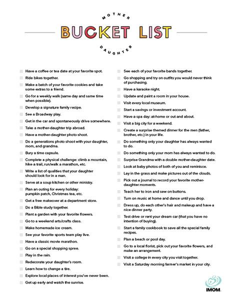 Mother Daughter Bucket List - iMom Mom And Daughter Date Ideas, Mother Daughter Bucket List, Mom Daughter Dates, Mommy Daughter Activities, Mother Daughter Journal, Mommy Daughter Dates, Dates Quotes, Mother Daughter Activities, Mother Daughter Dates