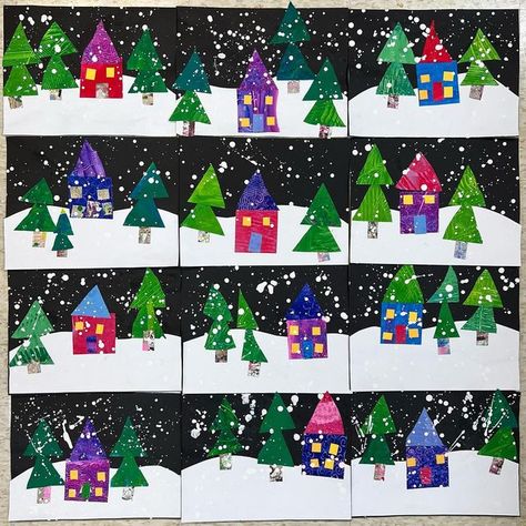 Kindergarten House Art, Winter Tree Art Projects For Kids, 1st Grade Christmas Art Projects, Christmas Crafts Ks2, Christmas Art Ks2, Collaborative Christmas Art Projects, Christmas Art Kindergarten, Winter Preschool Art, Christmas Cards For Kids To Make