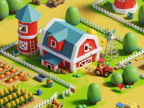 3D Farm Illustration by M Wildan Cahya Syarief on Dribbble Cute Farm Illustration, Farm Illustration Design, Isometric Farm, Eco Friendly Logo Design, Farm Illustration, Farm Cartoon, 3d Isometric, Farm Games, Happy Farm