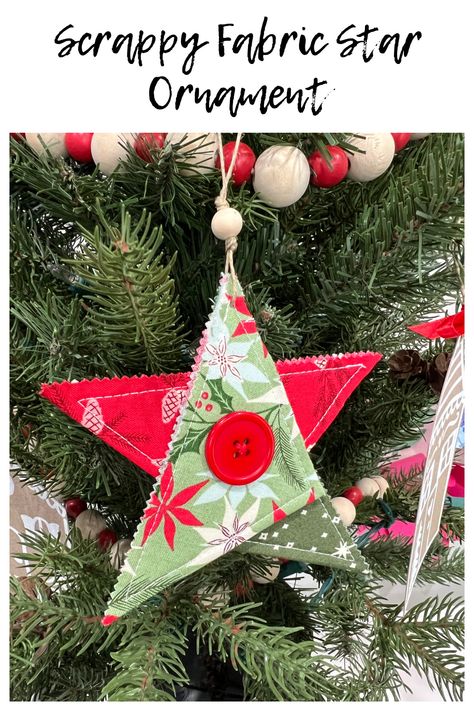 Scrappy Fabric Star Ornament - Amy Latta Creations Fabric Christmas Ornaments Diy Scrap, Easy No Sew Fabric Stars, Fabric Christmas Star Ornaments Diy, Christmas Star Patterns Free Printable, No Sew Star Ornament, Quilted Star Ornaments, Fabric Star Ornament, Quilted Star Ornaments Patterns, Ribbon Christmas Tree Ornament