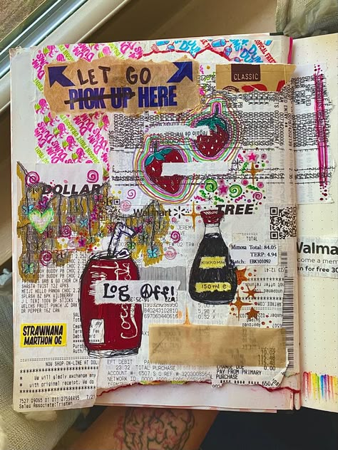 Trash Scrapbook, Art With Receipts, Junk Journal Receipts, Trash Sketchbook, Sketchbook Sticker, Junk Sketchbook, Trash Journal Ideas, Cluttered Sketchbook, Receipt Art