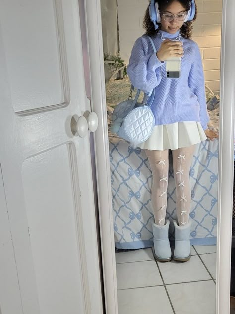 Blue Wardrobe Aesthetic, Cute Kawaii Winter Outfits, Kawaii Aesthetic Outfits Winter, Softie Outfits Winter, Kawaii Outfit Inspo Winter, Cute Blue Winter Outfits, Dollete Winter Outfits, Pastel Blue Winter Outfit, Sky Aesthetic Outfit