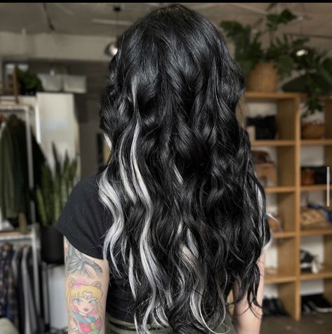 Platinum White Highlights, Jet Black Hair With White Streak, Black Hair With Extensions Colour, Black Hair With Silver Extensions, Black Hair Silver Extensions, White Extensions Hair, Black And White Hair Extensions, Black Hair With Peekaboos, Black Hair With White Underneath