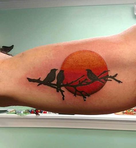 Sun And Birds Tattoo, Sun Tattoo Ideas Men, Bird Sun Tattoo, Bird And Sun Tattoo, Three Little Birds Tattoo Bob Marley, 3 Little Birds Tattoo Bob Marley, Little Bird Tattoos For Women, Reggae Tattoo Ideas, Big Bird Tattoo