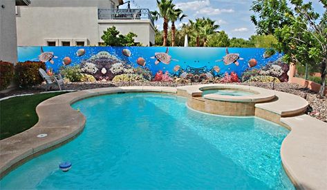 Vinyl Pool Wall Mural Pool Murals Painted Walls, Pool Wall Mural, Swimming Pool Mural, Pool Decorating Ideas, Outdoor Wall Paint, Pebble Tech Pool, Pool Mural, Pool Retaining Wall, Swimming Pool Wall