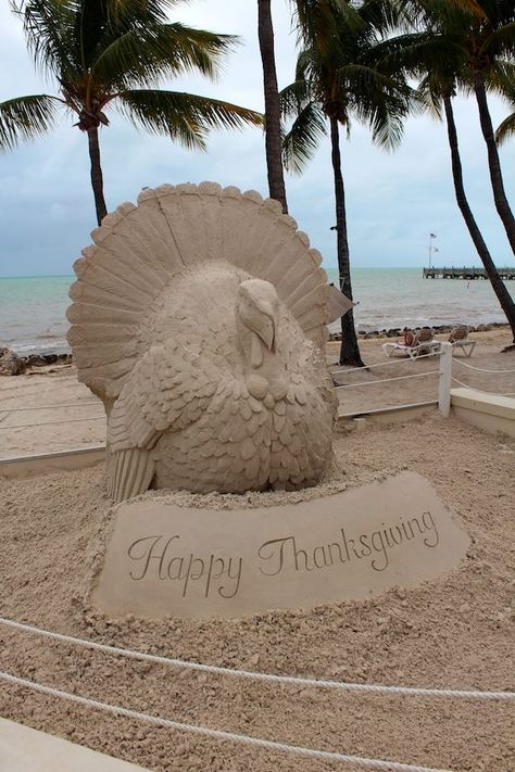 Happy Thanksgiving Florida Thanksgiving, Beach Sand Art, Coastal Fall, Fall Beach, Thanksgiving Pictures, Sand Sculpture, Snow Sculptures, Snow Art, Sand Sculptures