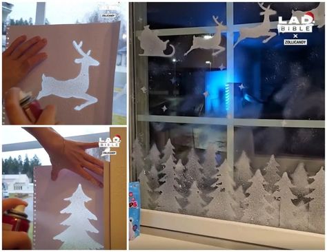 Simple Window Painting Ideas Christmas, Window Spray Snow Ideas, Fake Snow Decorations Window, Fake Snow Spray Ideas, Fake Snow On Windows, Spray Snow Window Art, Spray Snow Windows Ideas, Snow Spray Window Ideas Easy, Fake Snow Window Ideas