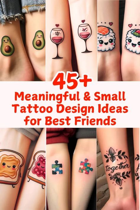 Minimalist Tattoo For Friendship, Cute Simple Friend Tattoos, Peanut Butter And Jelly Tattoo Bff, Best Friend Tattoos Funny Silly, Matching Tattoos For Friends Of 4, Coworker Matching Tattoo, Sister Puzzle Piece Tattoo, Childhood Friends Tattoo Ideas, Best Friend Tattoos Meaningful Symbols