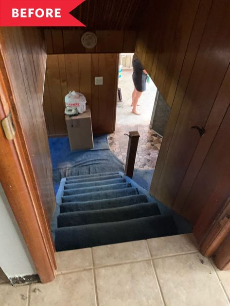 Stairs Leading To Basement, 70s Basement Remodel, Grey Carpet Basement, Carpet With Rug On Top, Carpet With Rug, Basement With Carpet, Basement Carpet Ideas, Wallpaper Basement, Basement Steps Ideas