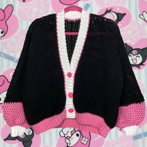 Free Crochet Patterns Cardigan, Kuromi Crochet Pattern, Crochet Clothing Ideas, Kuromi Beanie Crochet Pattern, Sanrio Cardigan, Kuromi Sweater, Tanjiro Cardigan Crochet, Sanrio Crochet Cardigan, Cute Crochet Cardigan