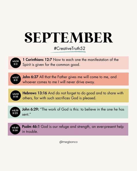 52 Bible Verses in 52 Weeks | September 🤍Weekly Bible Verse Prompts to help you create from a solid foundation in 2024. 🤍Use these verses to help you memorize, pray, and fuel your creativity for every week of the year! 🤍Whether you choose to letter each verse, journal your feelings, or let it inspire your next painting, let Truth be your creative foundation this year! 🪩If you want to participate: 1. Follow me on Instagram for monthly prompts (Save them so you can find them easily) 2. R... Weekly Scripture, Bible Verse Of The Week, Bible Verse To Start The Week, Weekly Bible Verse, Diy Verse Of The Week Sign, Weekly Bible Verse Memorization, Job 8:7 Bible Verse, Psalm 46, Follow Me On Instagram