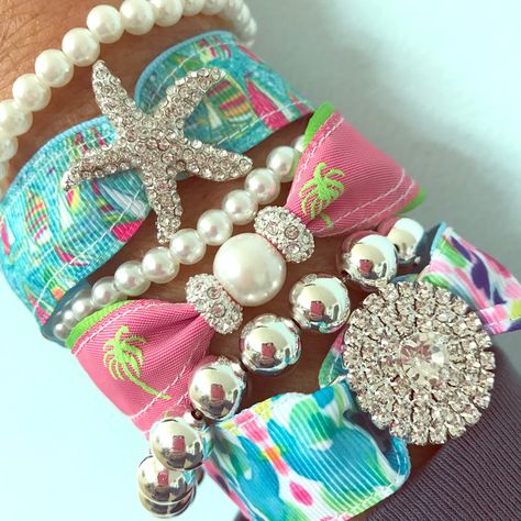 New In Box Stunning Set Of 3 Rhinestone Magnetic Ribbon Bracelets Made With Rhinestone Medallions, Starfish Pearl On Catch The Wave, You Gotta Regatta And Reversible Pink And Green Palm Tree Ribbon. Bracelets Measure Approx 7”. Includes Sterling Ball Bracelet And 2 Stretch Pearl Bracelets Fabric Friendship Bracelets, Ribbon Bracelet Diy, Fabric Bracelets Diy, Diy Bangles, Bracelets Kit, Bandana Bracelet, Cruise Clothes, Ribbon Bracelet, Tree Ribbon