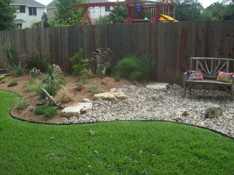 pictures of yards with dry river beds | beautiful native xeriscape with dry river bed running through the ... Rock Garden With Bench, Rock Yard, Frugal Gardening, Low Water Landscaping, Xeriscape Landscaping, Dry River, Pavers Backyard, Ranch House Exterior, River Bed