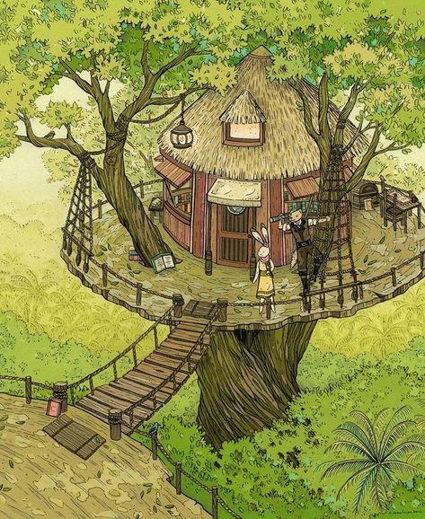 Fantasy Treehouse Concept Art, House In A Tree Drawing, Treehouse Concept Art, Treehouse Drawing, Treehouse Aesthetic, Treehouse Illustration, Drawings Of Eyes, Forest Treehouse, Treehouse Art