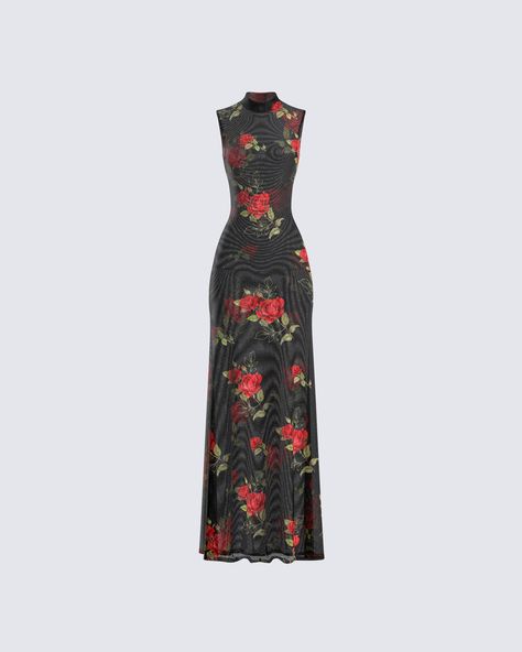 Dress Neck, Rose Floral Dress, Dress With Roses, Black Rose Dress, Black Flower Dress Outfit, Dresses Unique, Roses Dress, Roses Outfit, Maxi Dress Floral