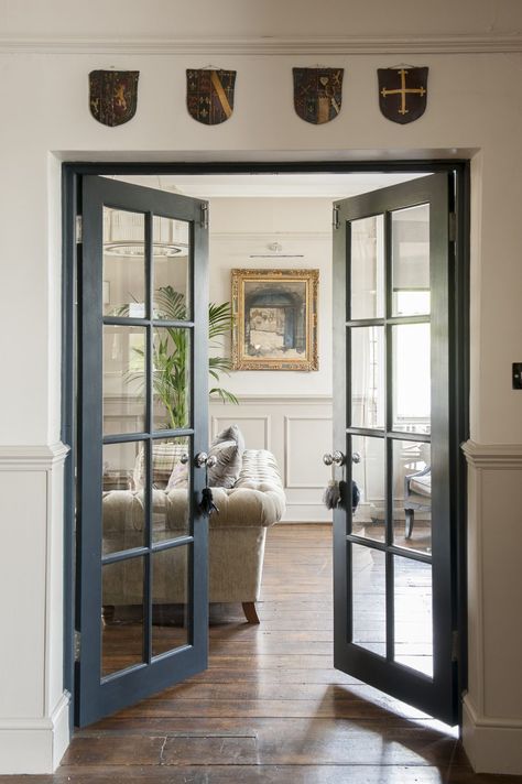 Glass doors between the hall and drawing room allow natural light to flood between the rooms at all times of day French Doors Living Room, Living Room Doors, Interior Double Doors, Glass Door Design, Office Doors, Internal French Doors, Internal Glass Doors, Double Doors Interior, Interior Exterior Doors