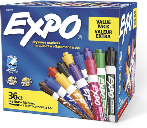 Chisel tip for broad, medium, or fine lines Low-odor ink formula erases cleanly and is ideal for classrooms, offices and home offices For use on whiteboards and most non-porous surfaces Bold color is easy to erase and easy to see from a distance Includes: 5 Black, 5 Red, 5 Blue 5 Green, 4 Orange, 4 Pink, and 4 Brown dry erase markers Power School, Neon Markers, Expo Marker, Calendar Board, Liquid Chalk Markers, Marker Board, Liquid Chalk, Whiteboard Marker, Office Branding