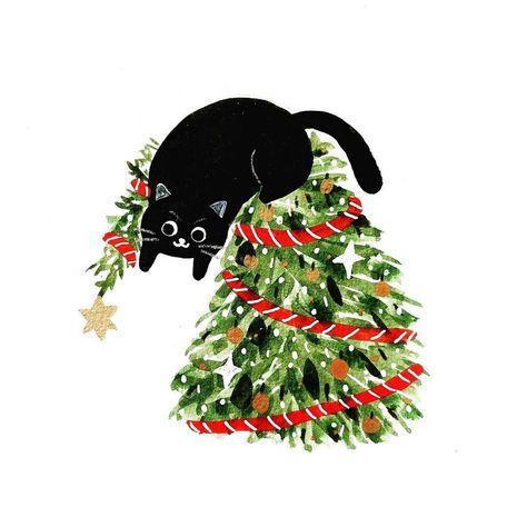 Christmas Card Illustration, Christmas Illustrations, Christmas Card Art, Cat Holidays, In This House, Christmas Drawing, Christmas Cat, Christmas Illustration, One Star