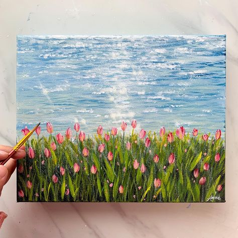 Trendy Canvas Art Inspirations Artistic Canvas Painting Ideas Aesthetic Nature Painting, Tulip Acrylic Painting, Spring Acrylic Paintings, Bright Art Painting, Painting Acrylic Flowers, Sky Art Painting, Oil Painting Nature, Painting Summer, Tulip Painting