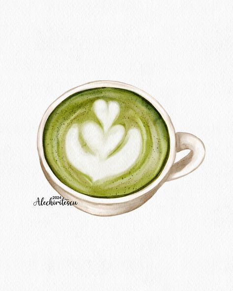 A cup of serenity 💚 Who’s a matcha lover? 🍵✨ Matcha Drawing Aesthetic, Matcha Painting, Matcha Watercolor, Matcha Drawing, Matcha Illustration, Matcha Art, Matcha Lover, Coffee Painting, Matcha Latte