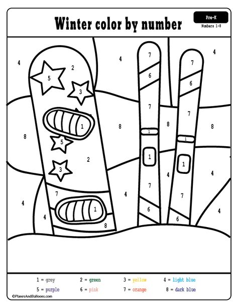 Free winter preschool printables - winter color by numbers worksheets. Fun winter coloring pages with learning letters and numbers. #preschool Winter Sports Crafts For Kids, Winter Sport Activities For Preschool, Winter Sports Preschool Activities, Winter Sports Activities Preschool, Winter Preschool Printables, Winter Sports Preschool, Winter Sports Crafts, Winter Olympics Activities, Winter Color By Number