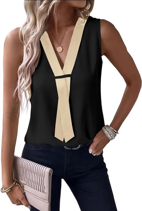 Rooscier Women's Colorblock V Neck Sleeveless Loose Fit Office Blouse Tank Top Shirt Beige Second Large at Amazon Women’s Clothing store Cheap Trendy V-neck Camisole, Elegant Sleeveless V-neck Top For Work, Cheap V-neck Camisole With Adjustable Straps, Affordable Chic Sleeveless V-neck Top, Summer Sleeveless Stretch V-neck Top, Office Blouse, Blouse Tank Top, Boat Neck Tops, V Neck Blouse