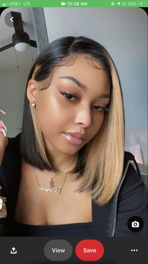 Brown With Blonde Highlights Bob, Under Color Hair Ideas Black Women, Two Strands Of Hair Dyed, Black And Blonde Short Hair, Block Colour Hair, Blonde Hair With Peekaboo Color, Black Hair With Blonde Peekaboos, Under Color Hair, Jet Black Hair With Highlights