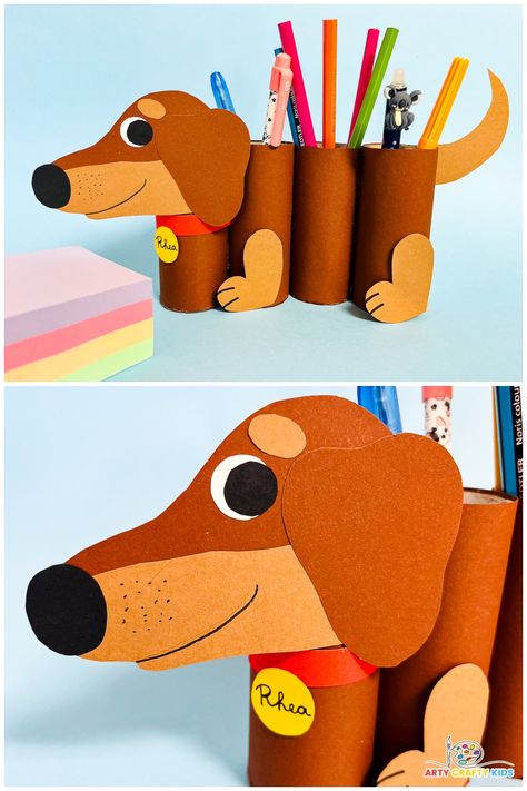 Get ready for back to school with a fun and creative DIY project! Learn how to make an adorable paper roll dog pencil holder. This easy craft is perfect for kids of all ages and a great way to keep your stationery organized. Click to see the full tutorial with a printable template! Toilet Paper Roll Dog, Dog Diy Crafts, Dog Craft Ideas, Dog Crafts For Kids, Pencil Holder Craft, Easy Cardboard Crafts, Pencil Case Crafts, Animal Pencil Case, Paper Roll Crafts Diy