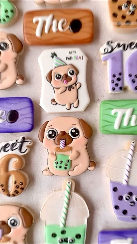 🐶🧋What is cuter than this pug drinking a boba milk tea?! Here’s a quick look at this unique sweet 16 birthday theme! @theonguyenn 💜His… | Instagram Boba Cookies Decorated, Boba Birthday, Boba Party, Boba Milk Tea, Boba Milk, 16 Birthday, Cookie Party, Sweet 16 Birthday, Sugar Cookies Decorated