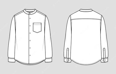 Premium Vector | Stand-up collar men's shirt. vector illustration. flat technical sketch. mockup template Kurta Shirt For Men, Technical Sketch, Shirt Sketch, Mandarin Collar Shirt, Stand Collar Shirt, Collar Shirt Men, Illustration Flat, Mens Kurta Designs, Fashion Drawing Tutorial