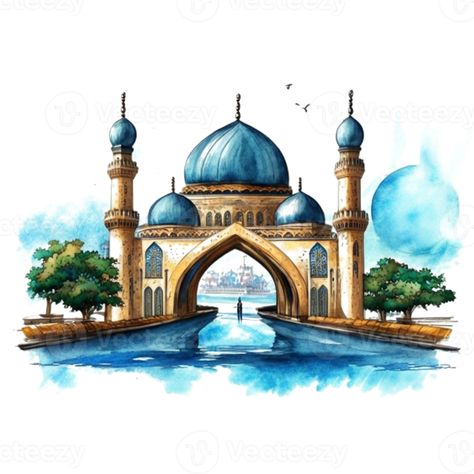 Watercolor painting of a mosque Painting Of Mosque, Mosque Art Illustration, Mosque Art Painting, Watercolor Mosque, Azadi Sale, Mosque Painting, Mosque Drawing, Sunflower Drawing, Mosque Art