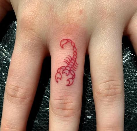 Red Ink Stick And Poke Tattoo, Down The Ear Tattoo, Scorpio Stick And Poke Tattoo, Scorpion Tattoo Aesthetic, Scorpio Tiny Tattoo, Scorpion Stick And Poke, Mini Scorpio Tattoo, Scorpio Red Tattoo, Wise Tattoos