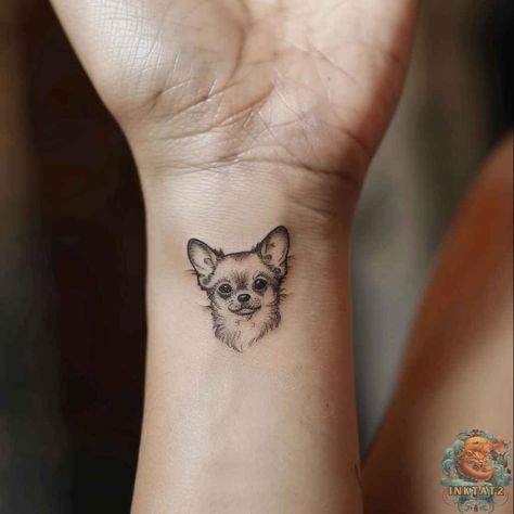 Small Tattoo Dog Ideas, Small Dog Tattoos Chihuahua, Tattoo Idea Dog, Dog Wrist Tattoo, Chiwawa Tattoo, Dog Tattoo Chihuahua, Fun Dog Tattoo, Chihuahua Tattoo Minimalist, Small Tattoos Dog