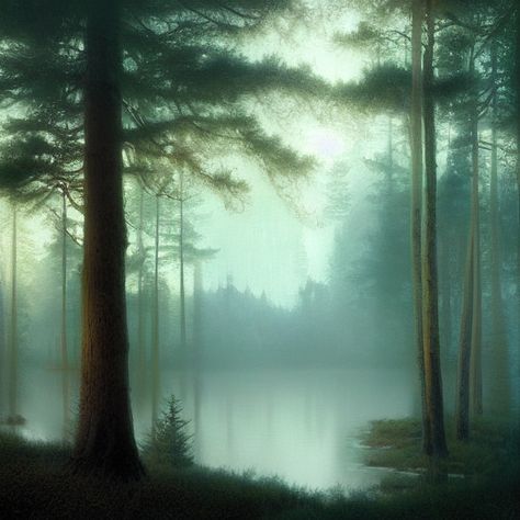 Forest Lake Painting, Foggy Forest Painting, Forest Drawing, Rain Painting, Dark Landscape, Adventure Landscape, Evergreen Forest, Lake Painting, Foggy Forest