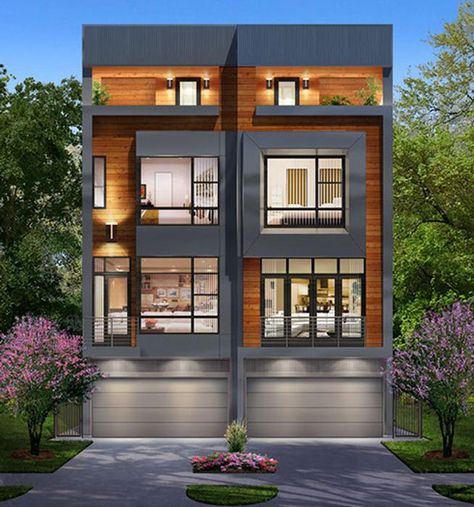 Townhome Plans, Narrow House Designs, Townhouse Exterior, Narrow House Plans, Narrow Lot House, Duplex Plans, Modern Townhouse, Duplex Design, Townhouse Designs