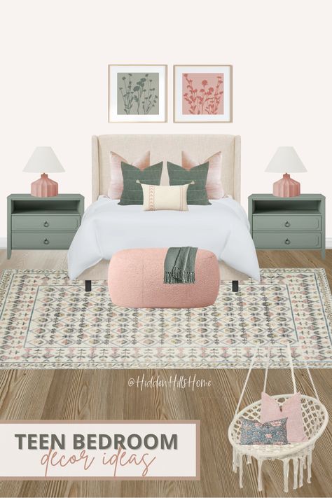 Teen girls bedroom decor mood board with pink and green Green Girls Room, Pink Green Bedrooms, Girls Bedroom Green, Tilly Upholstered Bed, Green Girls Rooms, Decor Mood Board, Teen Girls Room, Teen Girls Bedroom, Pink Bedroom For Girls