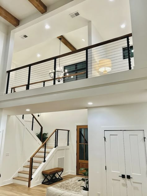 Double Story Farmhouse, Second Floor Stairs Ideas, Foyer 2 Story, 2 Story House Inside, High Ceiling Two Story House, Two Storey Living Room, 2 Story Foyer Artwork, Nice 2 Story House, Farmhouse Exterior 2 Story