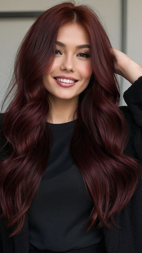 Achieve the perfect cherry cola hair color with this dark brunette formula ideal for curly hair highlights and brown skin tones Learn how to rock balayage with a hint of pale skin or chocolate tones whether you have short black hair or Indian skin This Pinterest-perfect look is sure to turn heads Asian Burgundy Hair, Cherry Cola Brown Hair, Hair Color Ideas For Dark Skin Latinas, Chocolate Cherry Balayage, Cherry Chocolate Brunette Hair, Brunette To Red Hair, Pale Skin Hair, Dark Cherry Cola Hair Color, Cherry Chocolate Hair